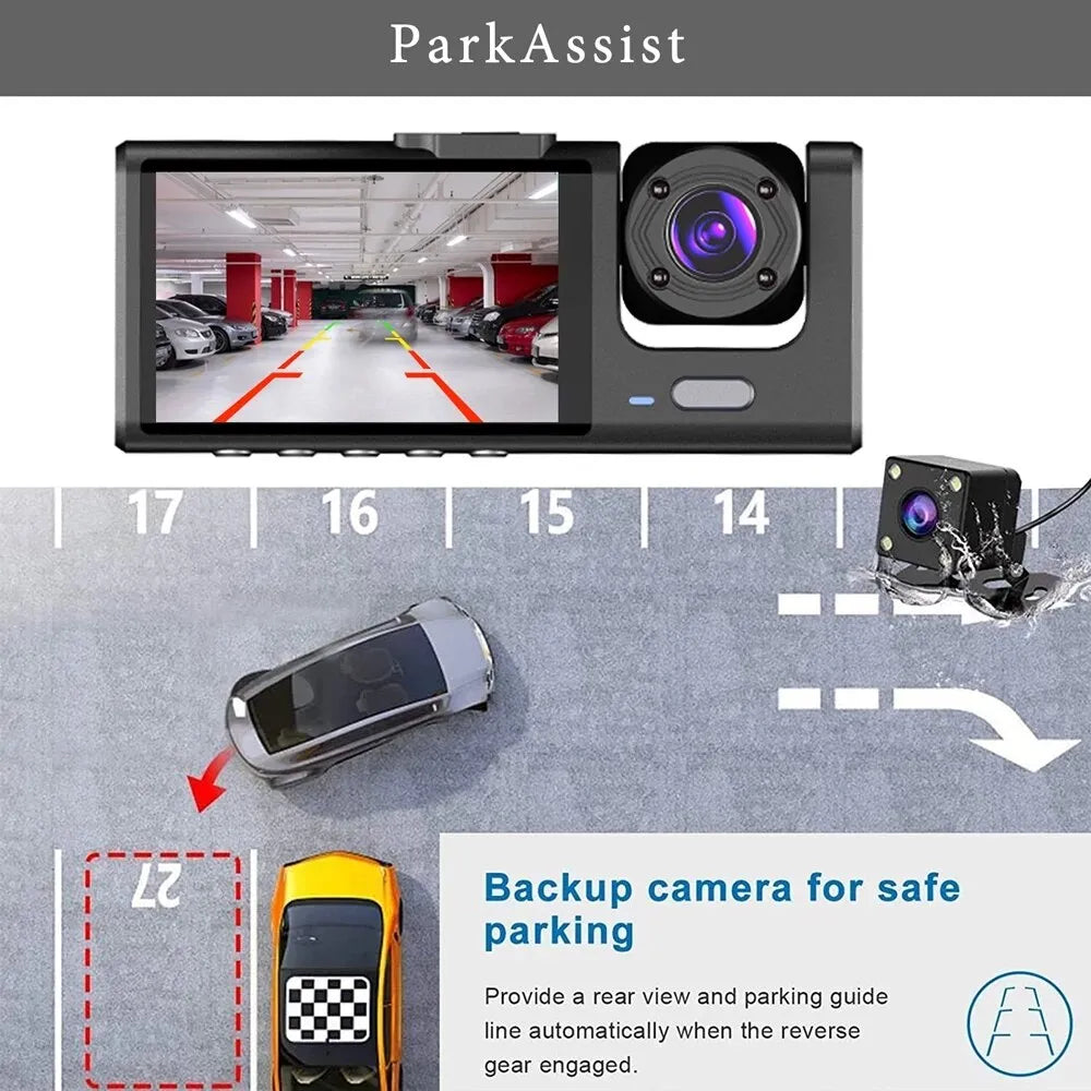 3 Channel Car DVR HD 1080P 3-Lens Inside Vehicle Dash Cam