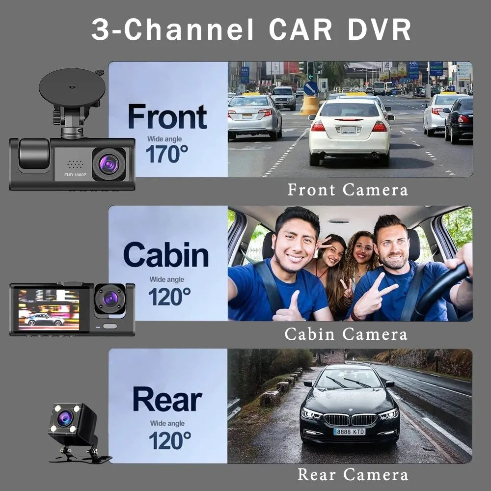 3 Channel Car DVR HD 1080P 3-Lens Inside Vehicle Dash Cam